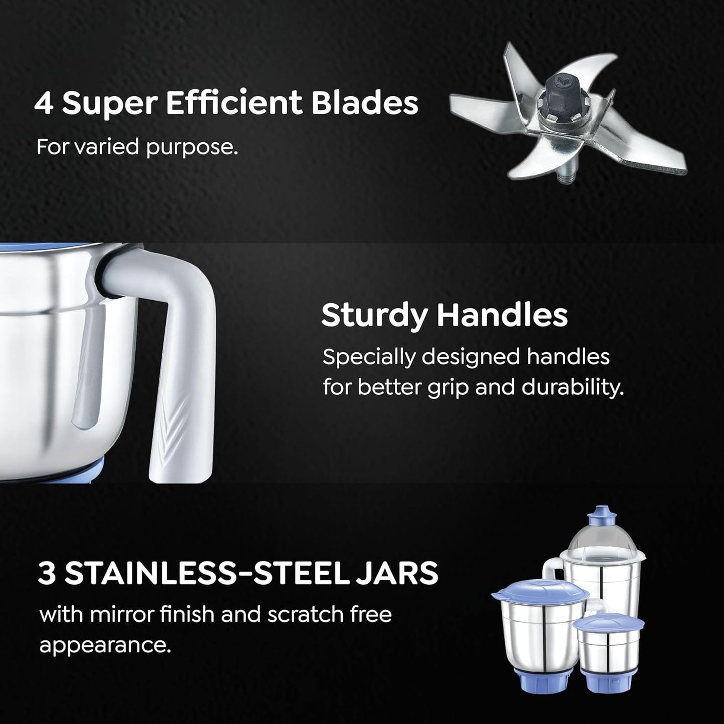 Prestige Iris 750 Watt Mixer Grinder with 3 Stainless Steel Jar + 1 Juicer Jar (White and Blue)Prestige Iris 750 Watt Mixer Grinder with 3 Stainless Steel Jar + 1 Juicer Jar (White and Blue)