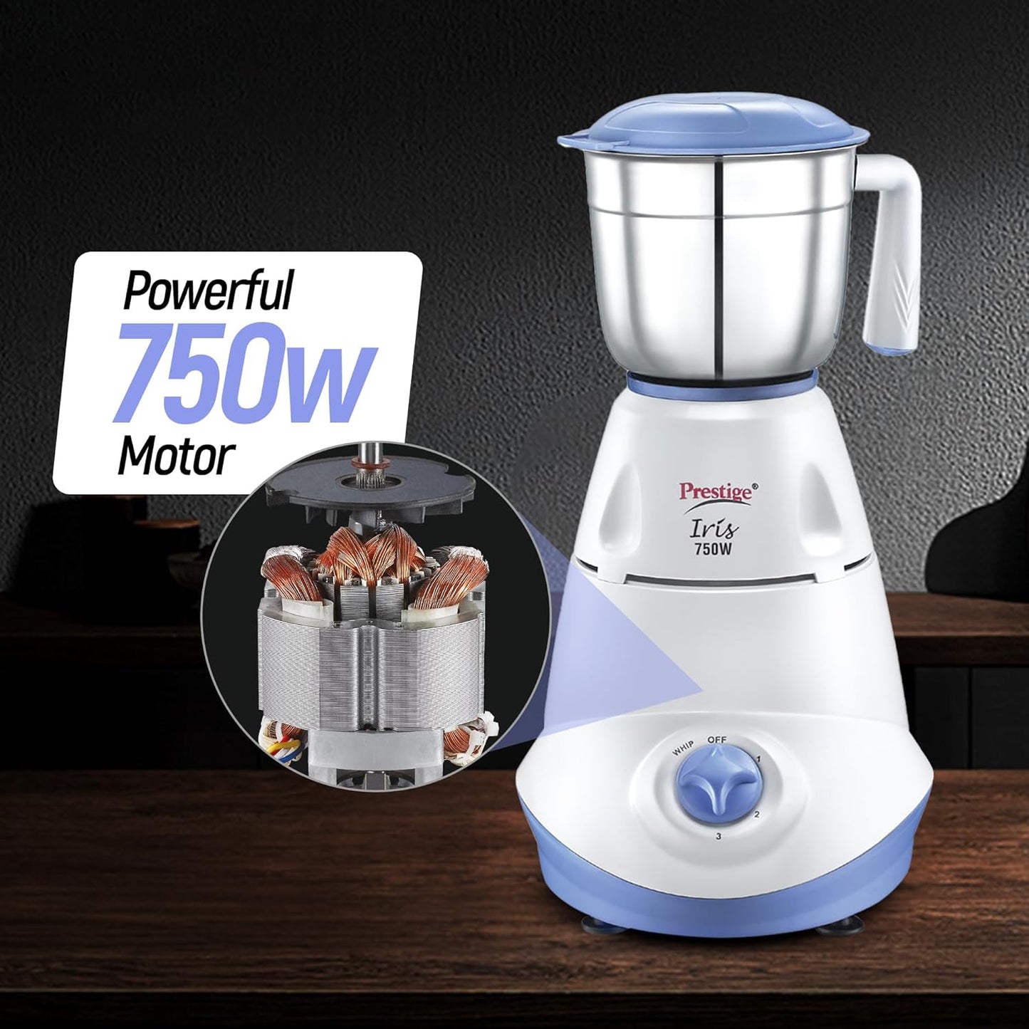Prestige Iris 750 Watt Mixer Grinder with 3 Stainless Steel Jar + 1 Juicer Jar (White and Blue)Prestige Iris 750 Watt Mixer Grinder with 3 Stainless Steel Jar + 1 Juicer Jar (White and Blue)