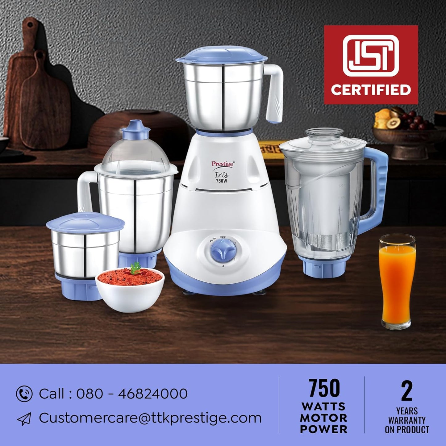 Prestige Iris 750 Watt Mixer Grinder with 3 Stainless Steel Jar + 1 Juicer Jar (White and Blue)Prestige Iris 750 Watt Mixer Grinder with 3 Stainless Steel Jar + 1 Juicer Jar (White and Blue)