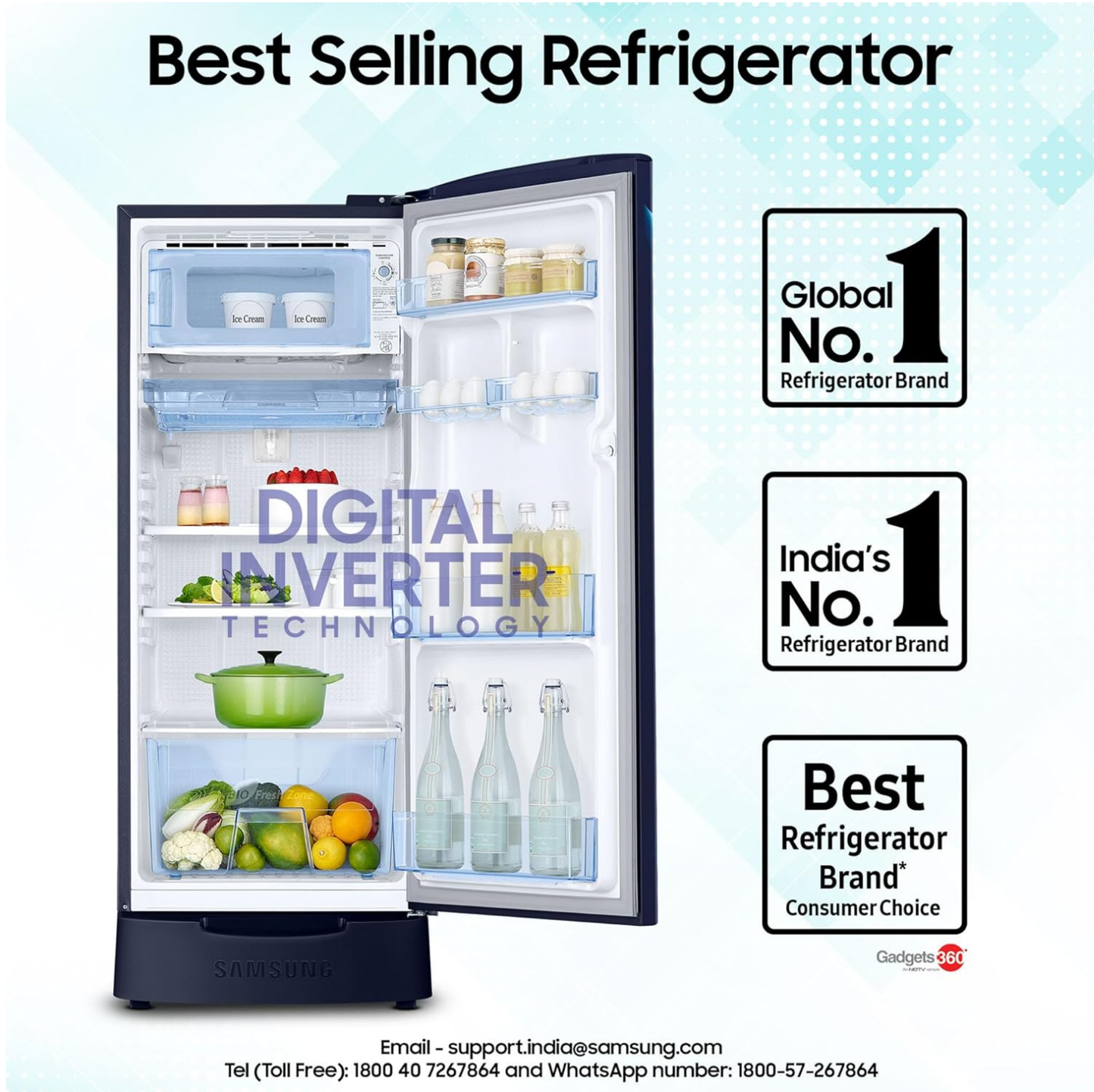 Samsung 183 L, 5 Star, Digital Inverter, Direct-Cool Single Door Refrigerator (RR20D2825HV/NL, Himalaya Poppy Blue, Base Stand Drawer)