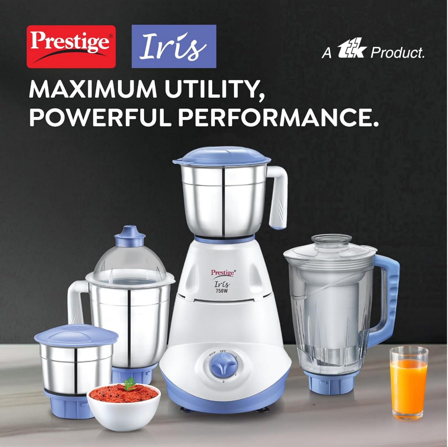 Prestige Iris 750 Watt Mixer Grinder with 3 Stainless Steel Jar + 1 Juicer Jar (White and Blue)Prestige Iris 750 Watt Mixer Grinder with 3 Stainless Steel Jar + 1 Juicer Jar (White and Blue)