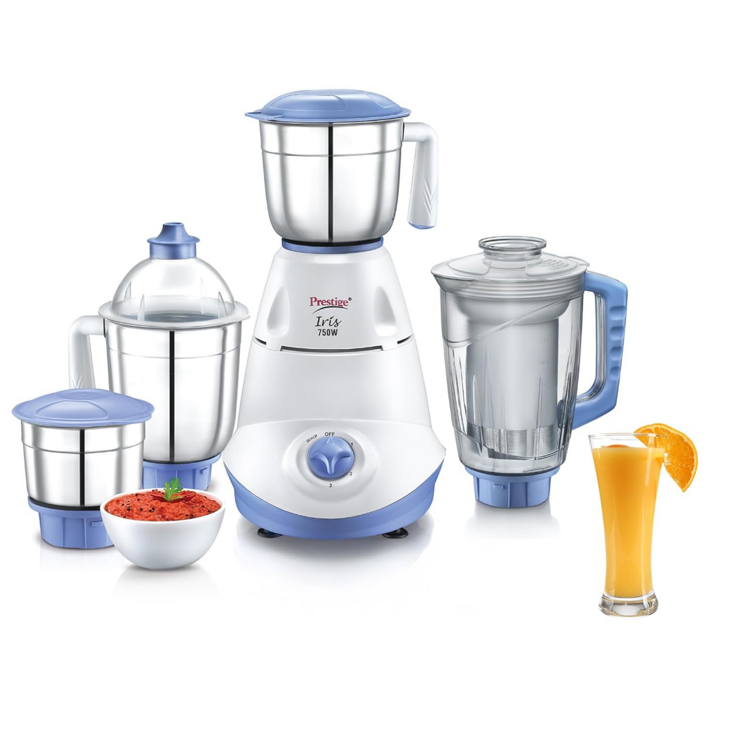 Prestige Iris 750 Watt Mixer Grinder with 3 Stainless Steel Jar + 1 Juicer Jar (White and Blue)Prestige Iris 750 Watt Mixer Grinder with 3 Stainless Steel Jar + 1 Juicer Jar (White and Blue)