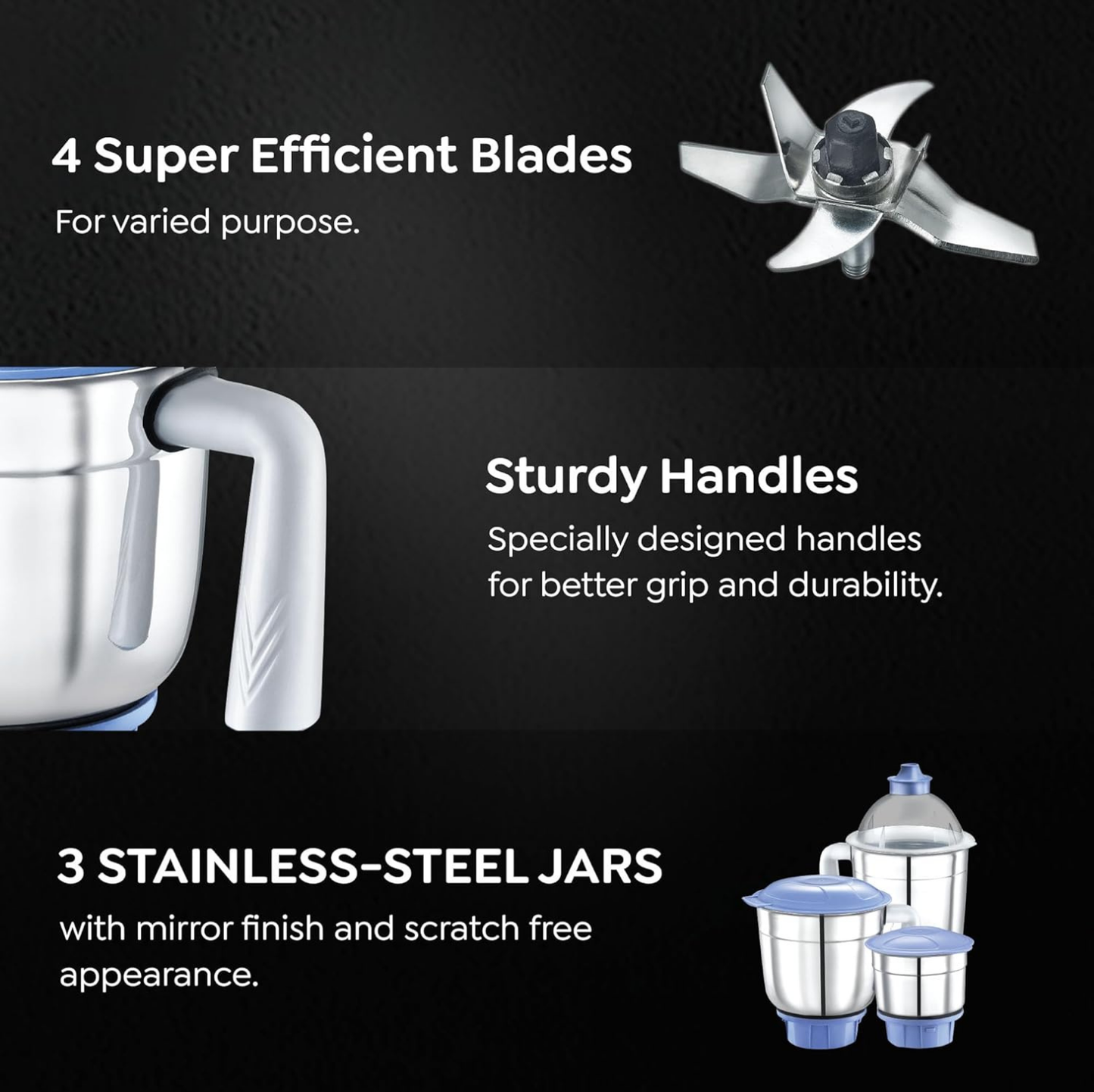 Prestige Iris 750 Watt Mixer Grinder with 3 Stainless Steel Jar + 1 Juicer Jar (White and Blue)Prestige Iris 750 Watt Mixer Grinder with 3 Stainless Steel Jar + 1 Juicer Jar (White and Blue)