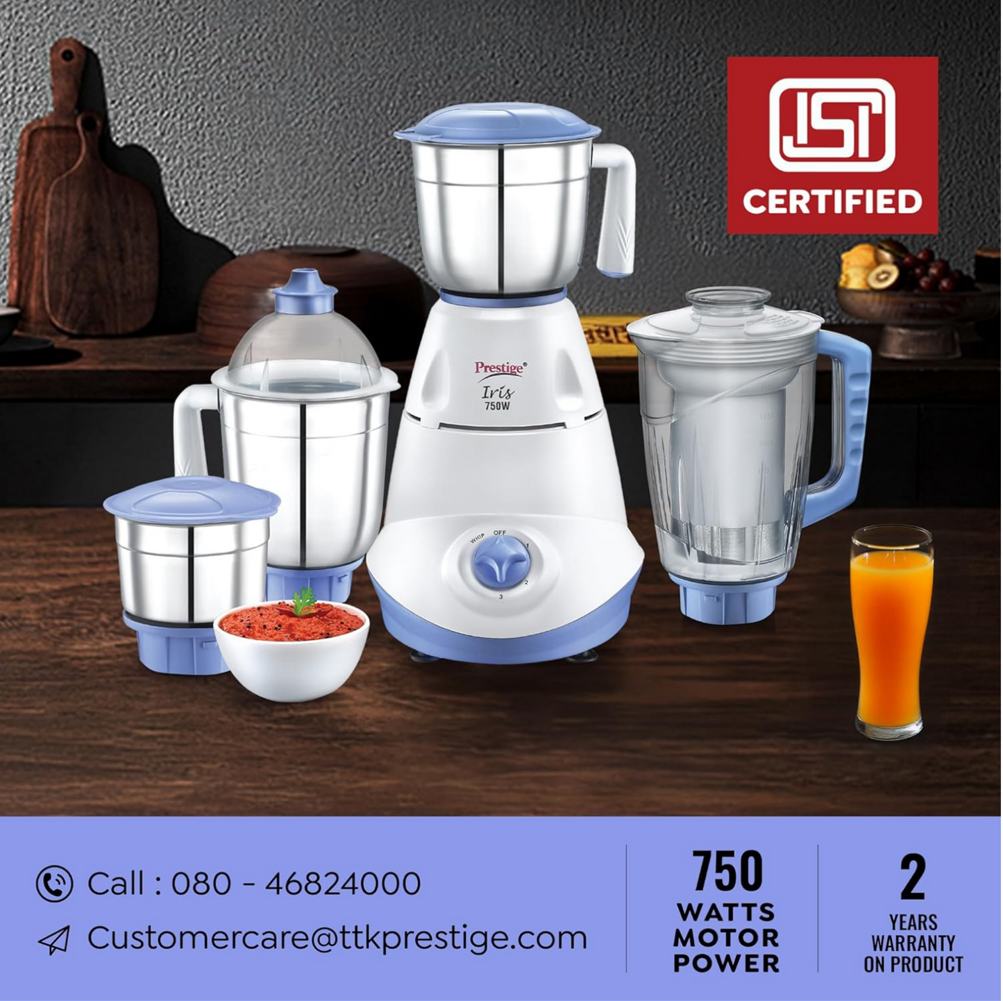 Prestige Iris 750 Watt Mixer Grinder with 3 Stainless Steel Jar + 1 Juicer Jar (White and Blue)Prestige Iris 750 Watt Mixer Grinder with 3 Stainless Steel Jar + 1 Juicer Jar (White and Blue)