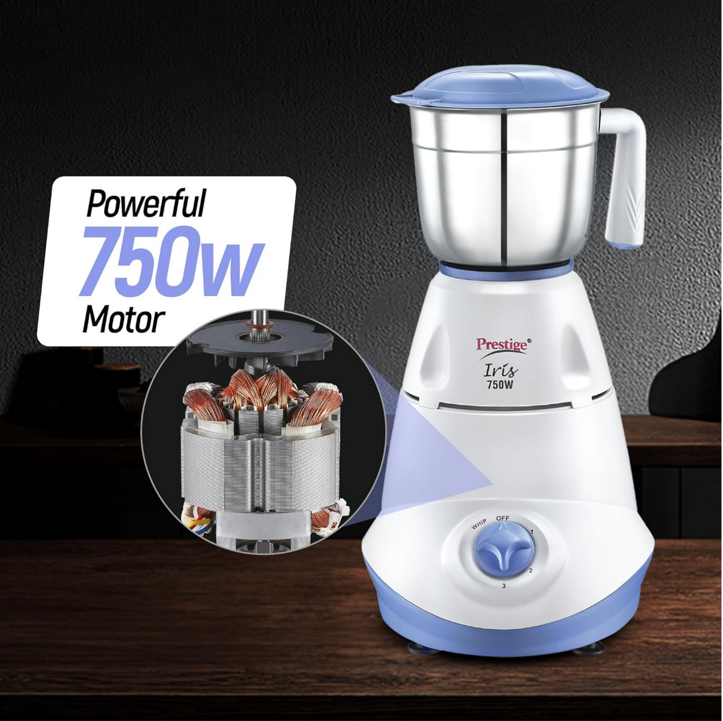Prestige Iris 750 Watt Mixer Grinder with 3 Stainless Steel Jar + 1 Juicer Jar (White and Blue)Prestige Iris 750 Watt Mixer Grinder with 3 Stainless Steel Jar + 1 Juicer Jar (White and Blue)
