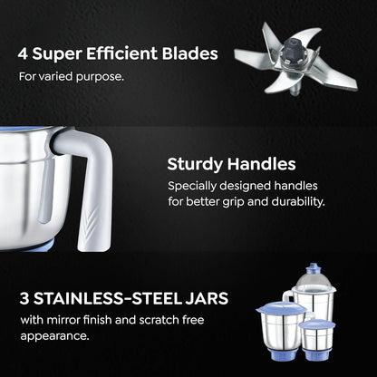 Prestige Iris 750 Watt Mixer Grinder with 3 Stainless Steel Jar + 1 Juicer Jar (White and Blue)Prestige Iris 750 Watt Mixer Grinder with 3 Stainless Steel Jar + 1 Juicer Jar (White and Blue)