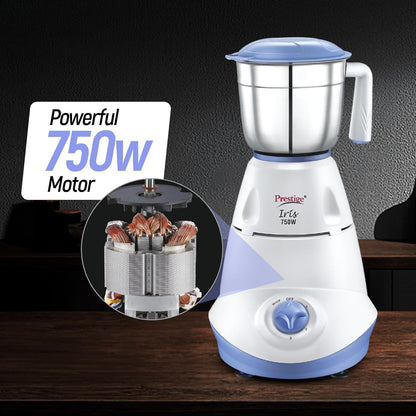 Prestige Iris 750 Watt Mixer Grinder with 3 Stainless Steel Jar + 1 Juicer Jar (White and Blue)Prestige Iris 750 Watt Mixer Grinder with 3 Stainless Steel Jar + 1 Juicer Jar (White and Blue)