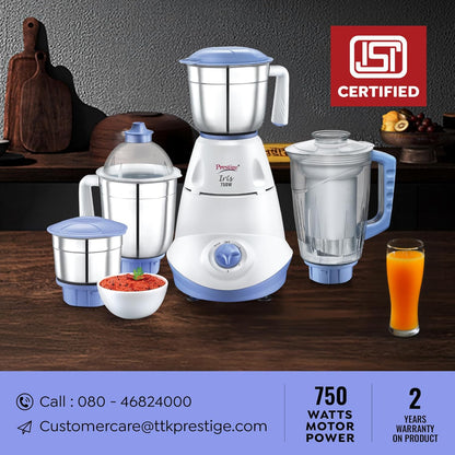 Prestige Iris 750 Watt Mixer Grinder with 3 Stainless Steel Jar + 1 Juicer Jar (White and Blue)Prestige Iris 750 Watt Mixer Grinder with 3 Stainless Steel Jar + 1 Juicer Jar (White and Blue)