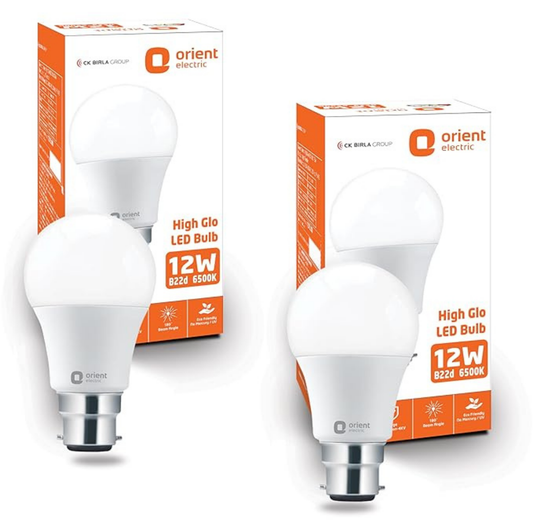 Orient Electric 12W High Glow LED bulb With [SIX MONTH WARRANTY]| 180-degree wide beam angle| Voltage surge protection up to 4 kV| 6500K, Cool White| B22d base| Made in India| Pack of 2