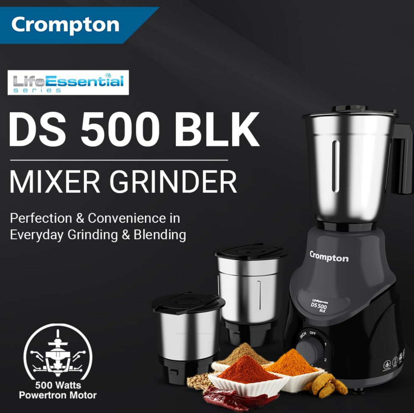 Crompton DS 500 BLK 500-Watt Mixer Grinder with Powertron Motor & Motor Vent-X Technology (3 Stainless Steel Jars, Black & Grey)