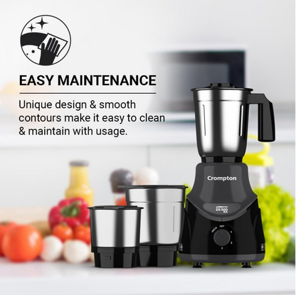 Crompton DS 500 BLK 500-Watt Mixer Grinder with Powertron Motor & Motor Vent-X Technology (3 Stainless Steel Jars, Black & Grey)