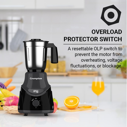 Crompton DS 500 BLK 500-Watt Mixer Grinder with Powertron Motor & Motor Vent-X Technology (3 Stainless Steel Jars, Black & Grey)