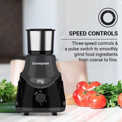 Crompton DS 500 BLK 500-Watt Mixer Grinder with Powertron Motor & Motor Vent-X Technology (3 Stainless Steel Jars, Black & Grey)
