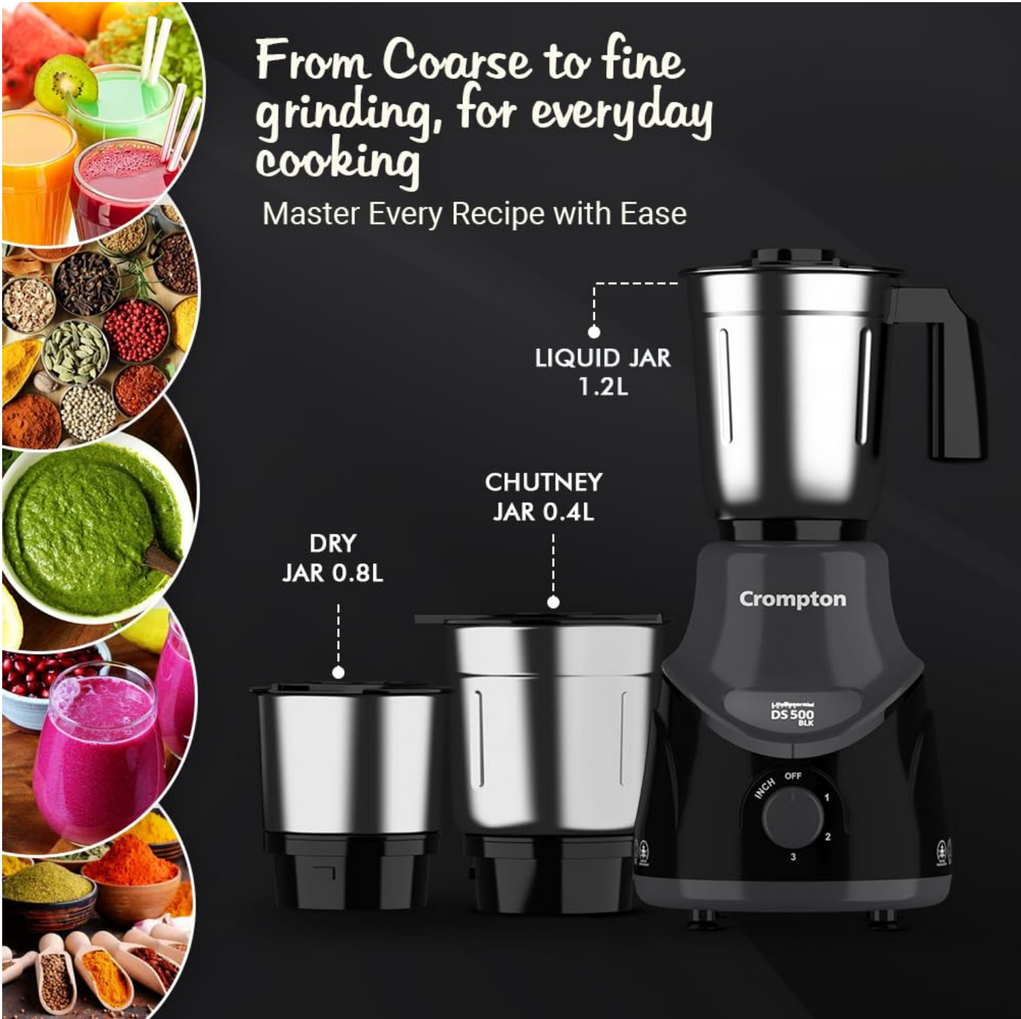 Crompton DS 500 BLK 500-Watt Mixer Grinder with Powertron Motor & Motor Vent-X Technology (3 Stainless Steel Jars, Black & Grey)