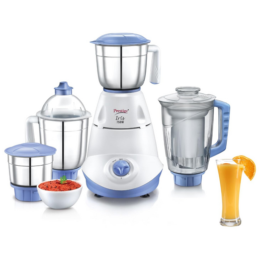 Prestige Iris 750 Watt Mixer Grinder with 3 Stainless Steel Jar + 1 Juicer Jar (White and Blue)Prestige Iris 750 Watt Mixer Grinder with 3 Stainless Steel Jar + 1 Juicer Jar (White and Blue)