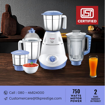 Prestige Iris 750 Watt Mixer Grinder with 3 Stainless Steel Jar + 1 Juicer Jar (White and Blue)Prestige Iris 750 Watt Mixer Grinder with 3 Stainless Steel Jar + 1 Juicer Jar (White and Blue)